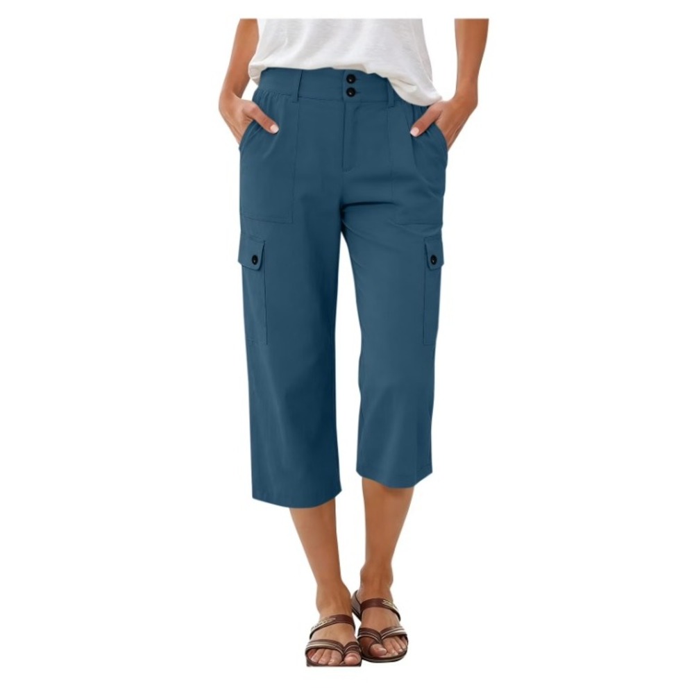 Unbranded Cargo Pants Women Medium Blue Cropped Elastic Waist Cotton Blend